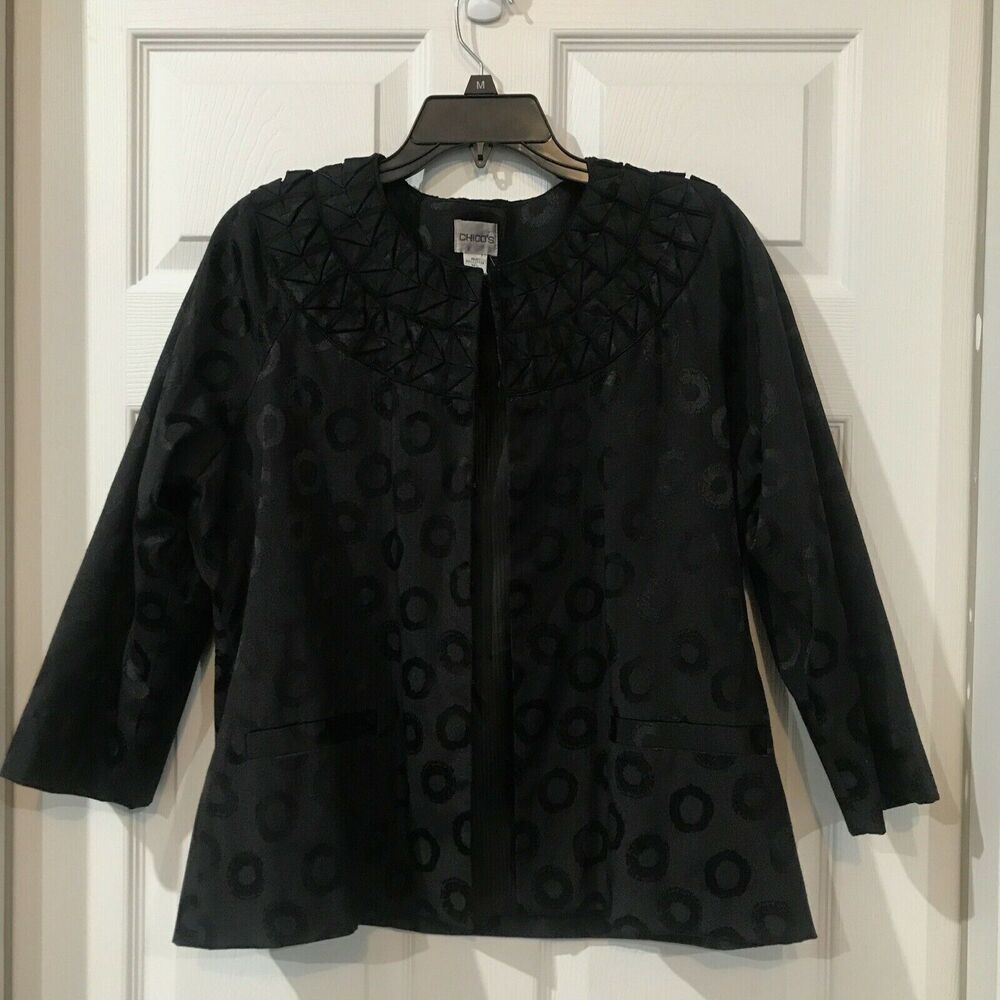 Chicos 2 Black Swing Jacket Embellished Dressy Blazer L 12 Party